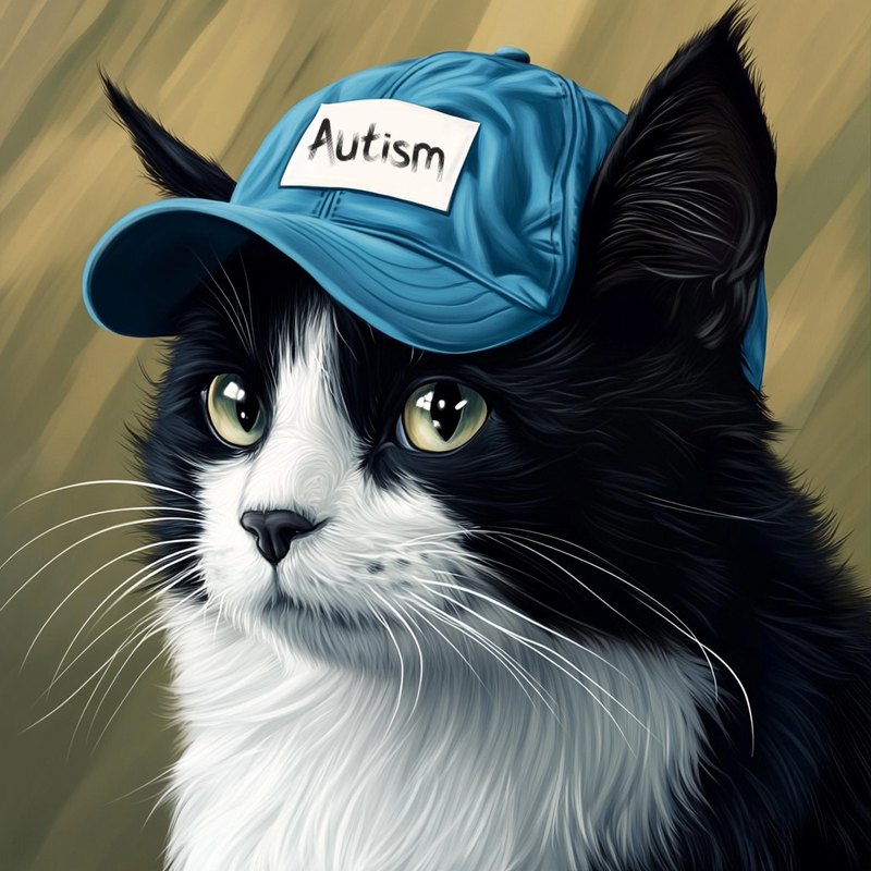 A black and white cat wearing a blue hat
